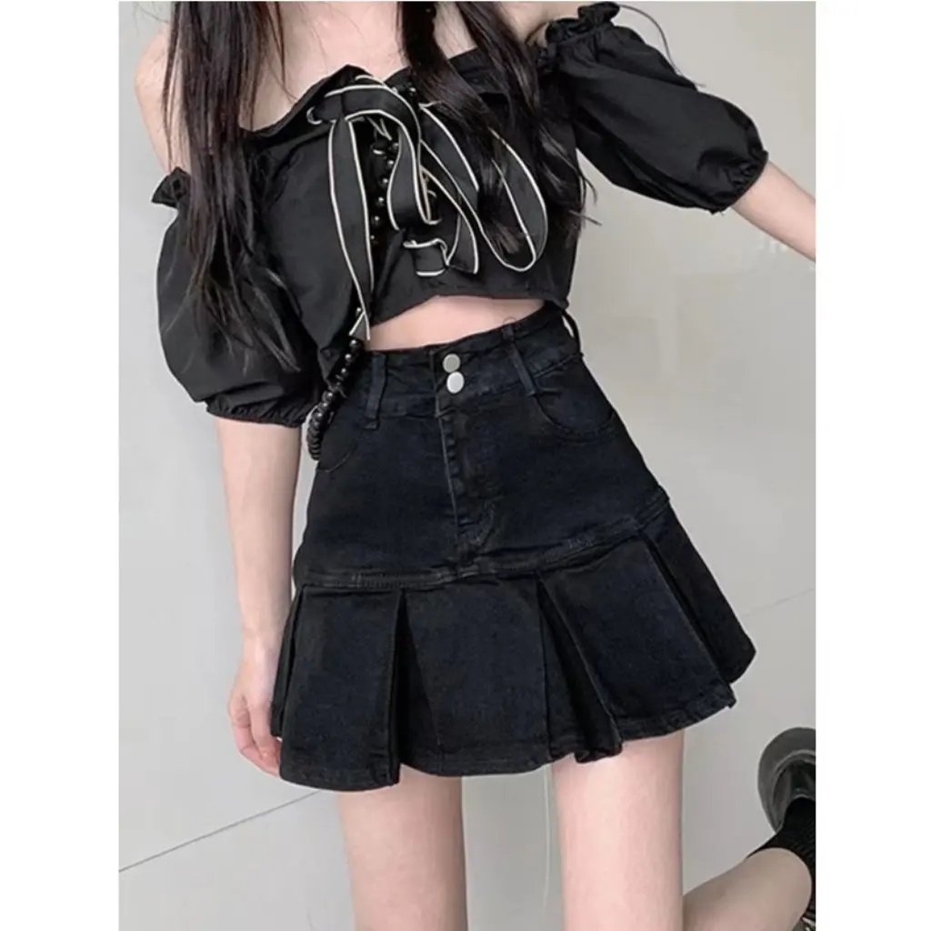 

Women's High Waist Pleated Denim Short Skirt Slimming A-Line Design Sheath Summer New American Hot Girl Style