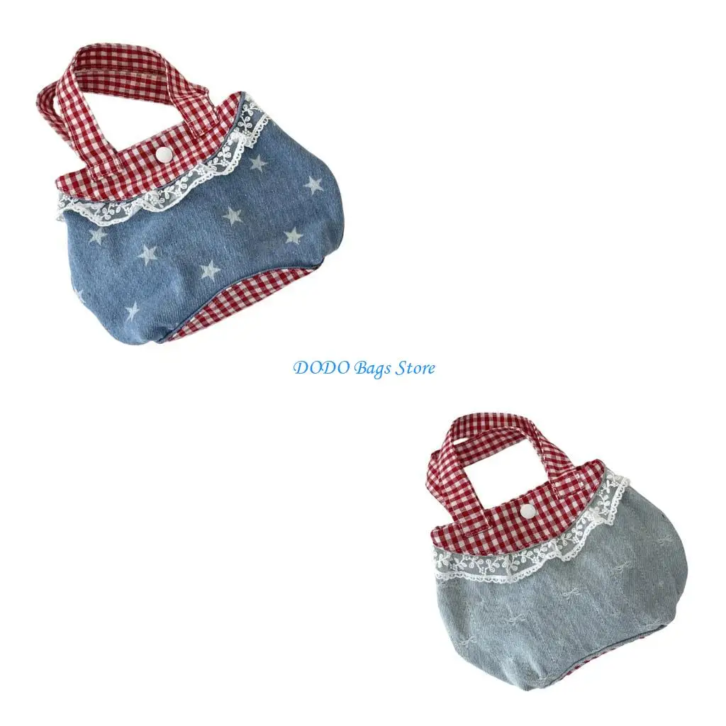 

Fashionable Ladies Handbag Retro Check Print Contrast Ornamental Lace Trim