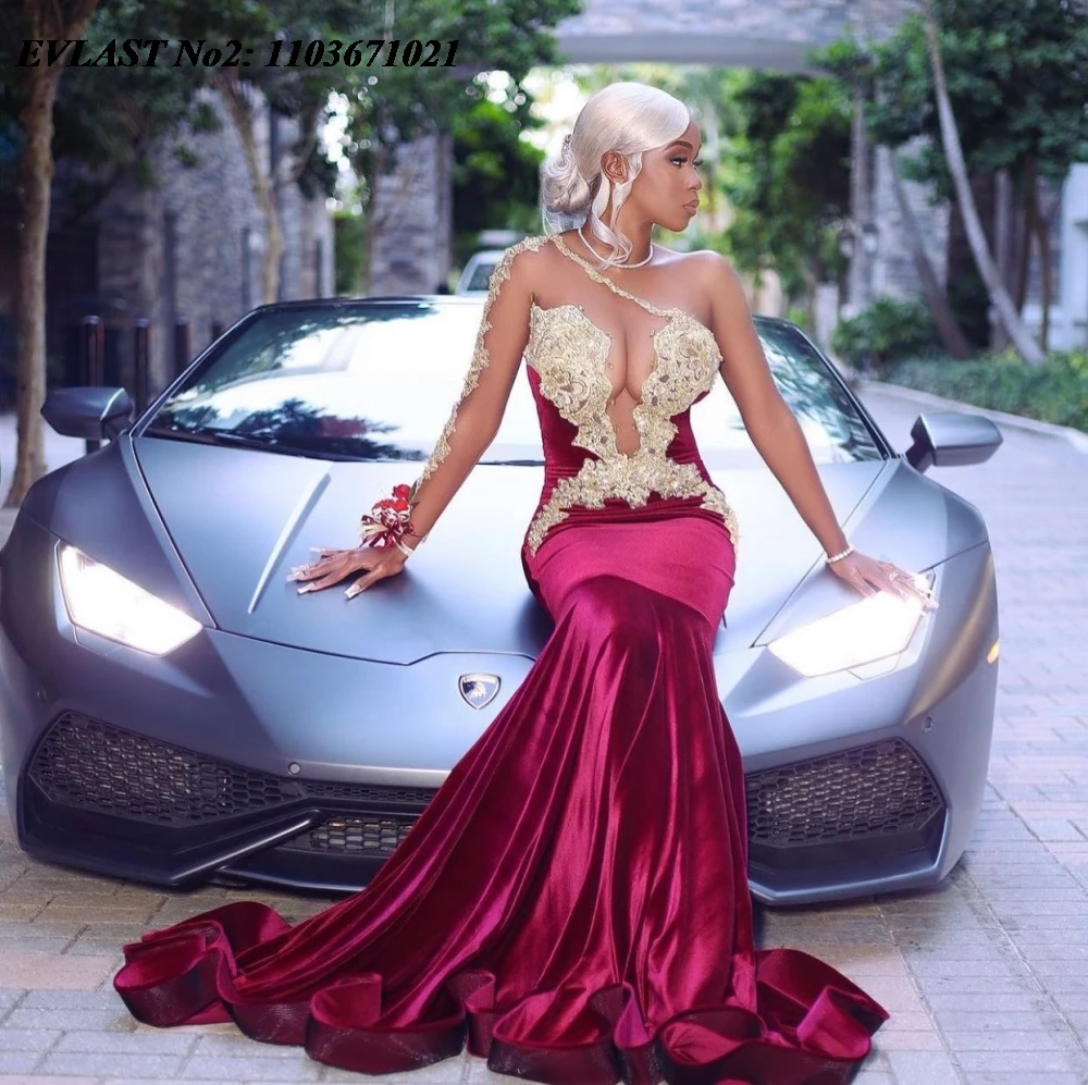 EVLAST Maßgeschneidertes afrikanisches Burgunder-Meerjungfrau-Abschlussballkleid, Spitze, Perlenstickerei, schwarzes Mädchen-Abendkleid, formelles Partykleid E2P103