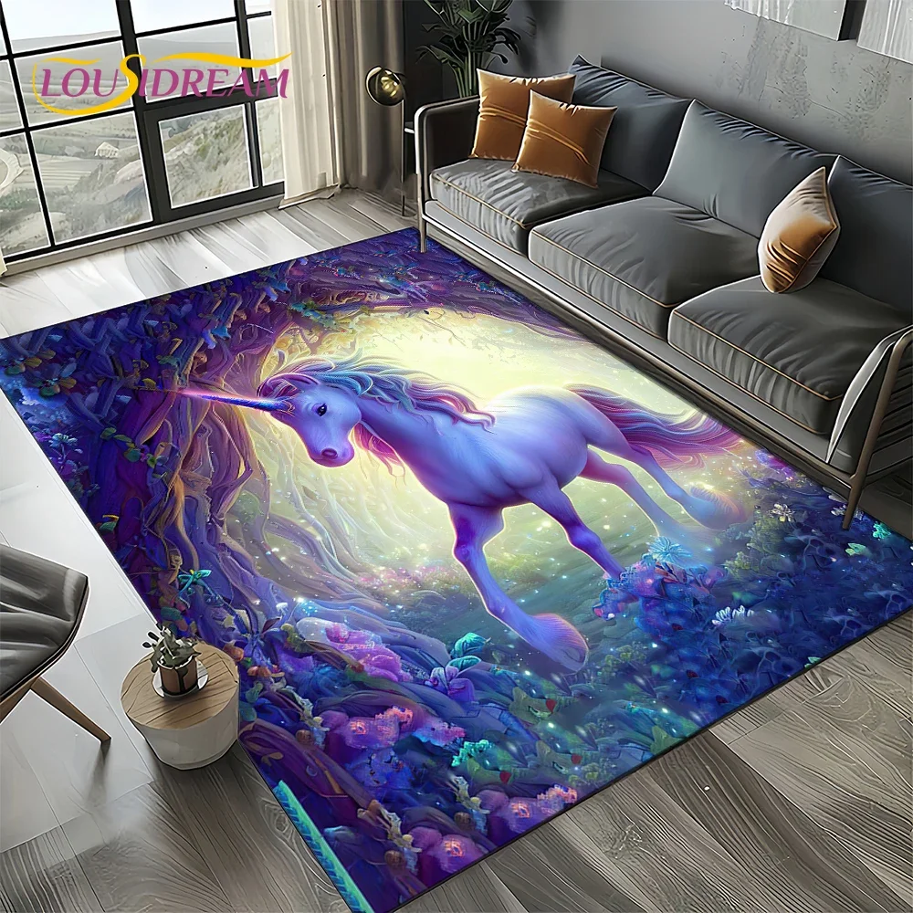 Unicorn Cartoon Cute 3D Dream Girl Carpet Rug for Living Room Bedroom Home Sofa Decoration,Kid Area Rug Non-slip Floor Mat Gift