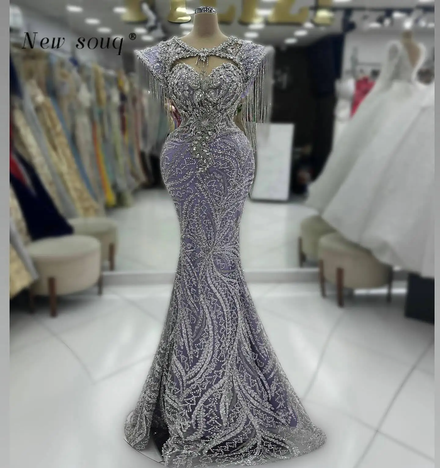 Dubai Arabic Silver Crystals Chains Mermaid Evening Dresses Lilac Long Sequins Party Dress Formal Occasions Night Prom Gowns