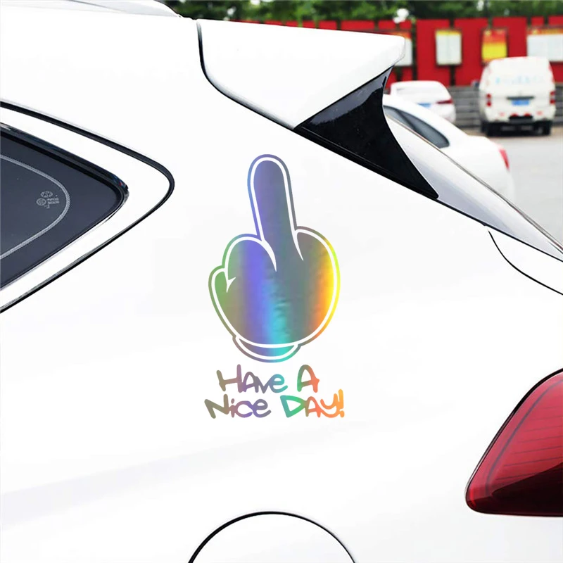 7.9X14.9CM تصفيف السيارة لديه يومًا لطيفًا! ملصقات سيارة ذات إصبع متوسط وزخرفة مضحكة من ألياف الكربون باللون الأبيض والأسود