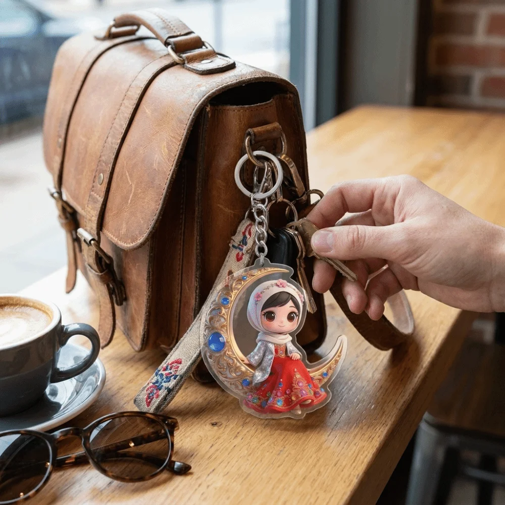 2D Flat Crescent Moon Acrylic Keychain Trendy Hijab Design Cartoon Figure Keychain Lightweight Beautiful Girls Figure