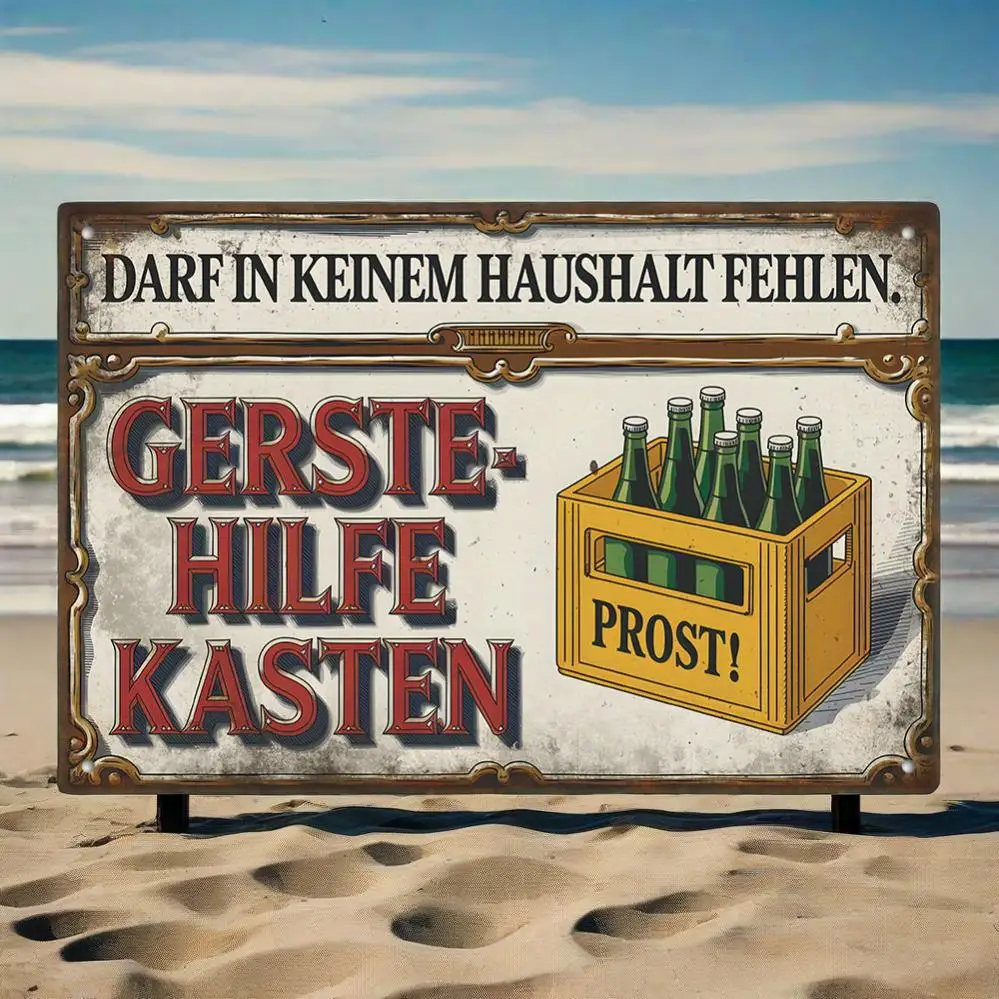1 Stück Deutsches Vintage „Darf in Keinem Housalt Fehlen: Gerste-Hilfe-Kasten“ Metallblechschild – Bierkiste Design Wandkunst