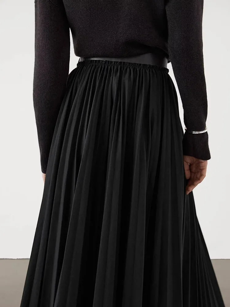Fall New Arrival ZA2024 Women's Commuter Sle Waisand Leather Panelled Pleated  Skirt Mid-Length A-Line Skirts