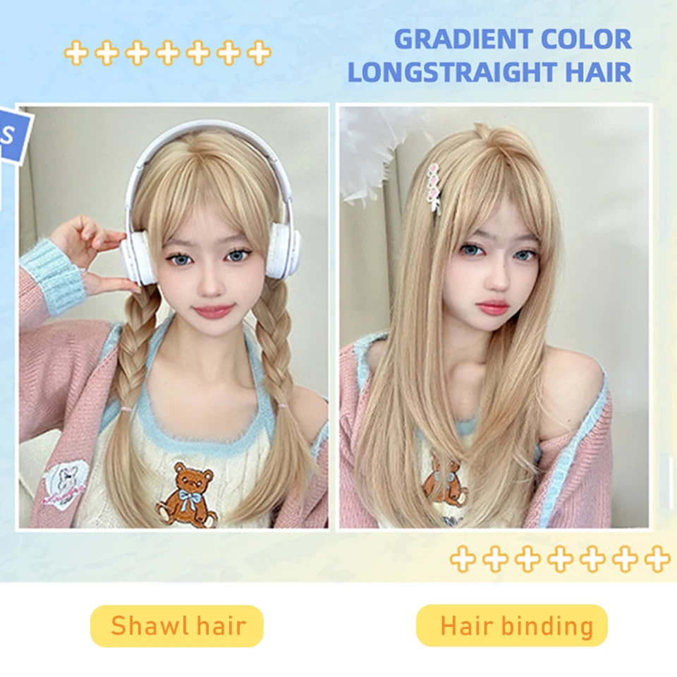 Syntetyczne blond peruki z grzywką dla kobiety długie włosy typu Body Wave Cosplay Lolita Party naturalne peruki termoodporne włókna codzienne włosy