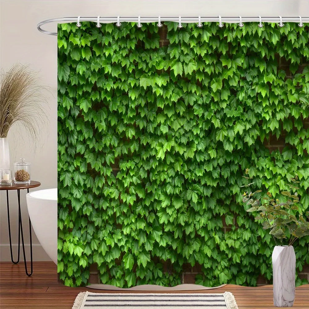 1pc 2D Flat Shower Curtain, Ivy Vine Green Leaves & Brick Wall Texture Printed Shower Curtain, Decor for Bathroom