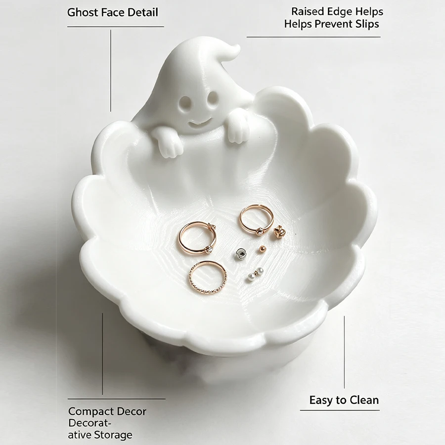 Trendy New Matte White Ghost-Shaped Multifunctional Jewelry Tray, 3D Ghost Scallop-Shaped Edge Design Jewelry Dish, Ring Earring Necklace Storage Rack, Jewelry Display and Storage Stand, Vanity Table Bedside Table Entryway Bathroom Miscellaneous Storage Tray, Dark Gothic Style with Soft Matte Texture and Smooth Touch, Daily Jewelry Storage Desktop Decoration Piece, Halloween Decoration Gift, Birthday Gift for Her, Great Item for Jewelry Enthusiasts