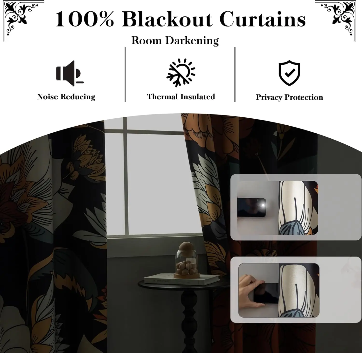 Cortinas blackout florais boho pretas, 96 polegadas de comprimento, 2 painéis, isolamento térmico, escurecimento da sala, janela