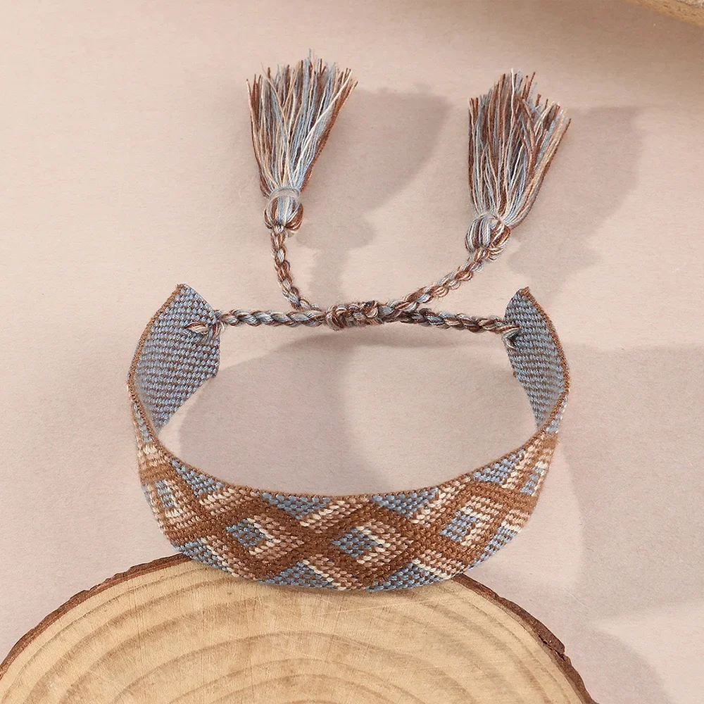 Bohemia Embroidery Pattern Woven Tassel Bracelet For Women Handmade Adjustable Rope Braided Bracelet Retro Fashion Jewelry Gift