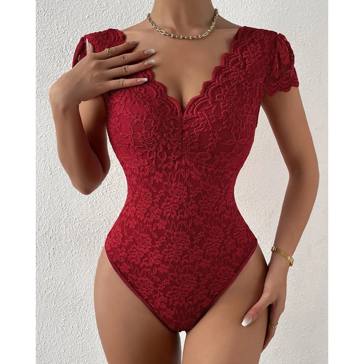 Lace V-neck Bodysuits for Women's Elegant Bodyshaper Tank Tops Summer One Pieces Sexy Slim Fit Jumpsuit Shaper T-shirt Shapewear