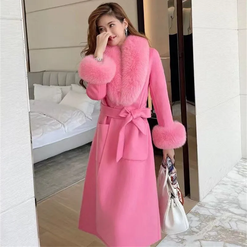 

2024 Real Fur Coat Winter Jacket Women Natural Fox Fur Collar Cuffs Cashmere Wool Blends Long Outerwear Belt Ladies Streetw