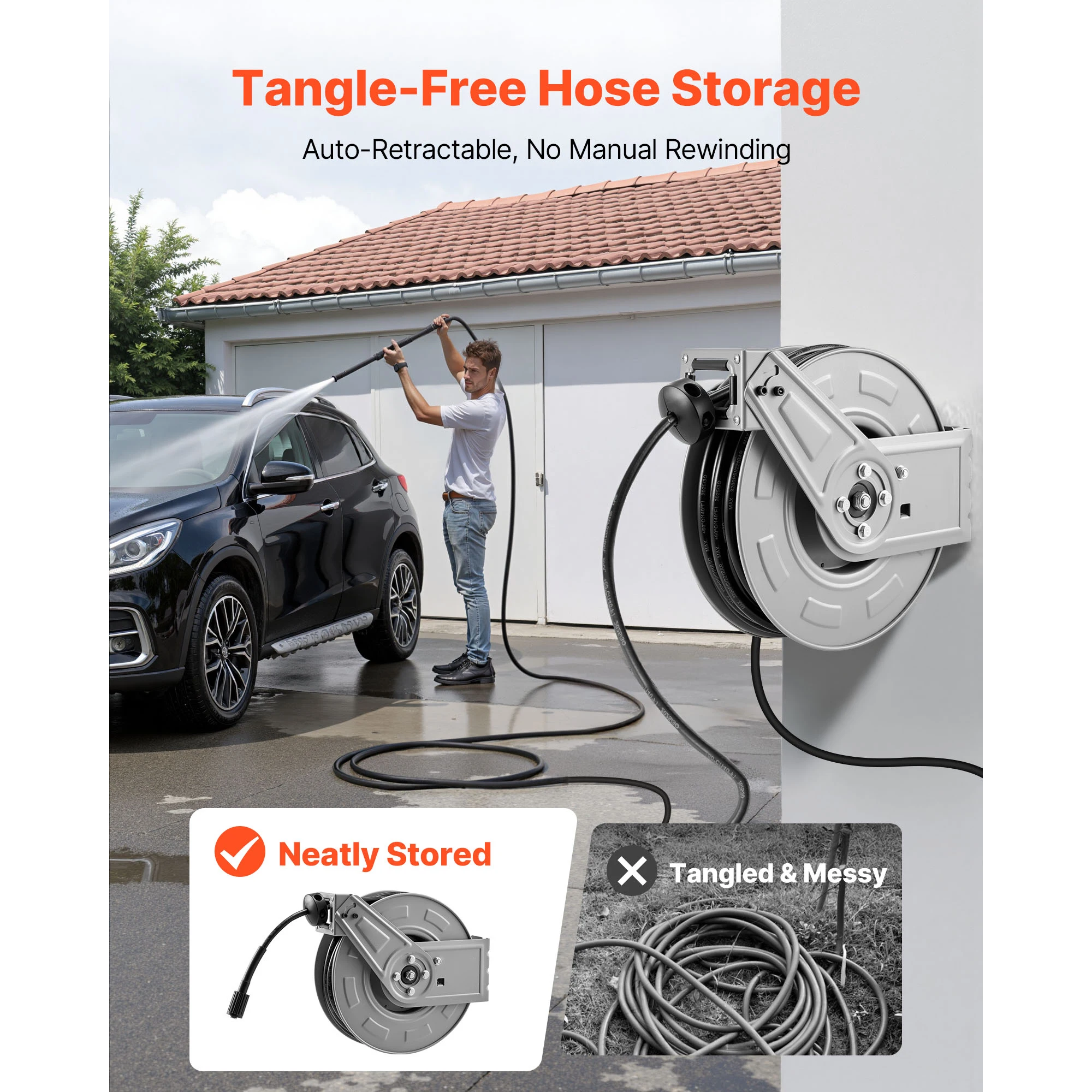 VEVOR Pressure Washer Hose Reel Retractable Power Heavy-Duty Steel Washer Hose Reel 3200PSI Max for Car Washing Garden