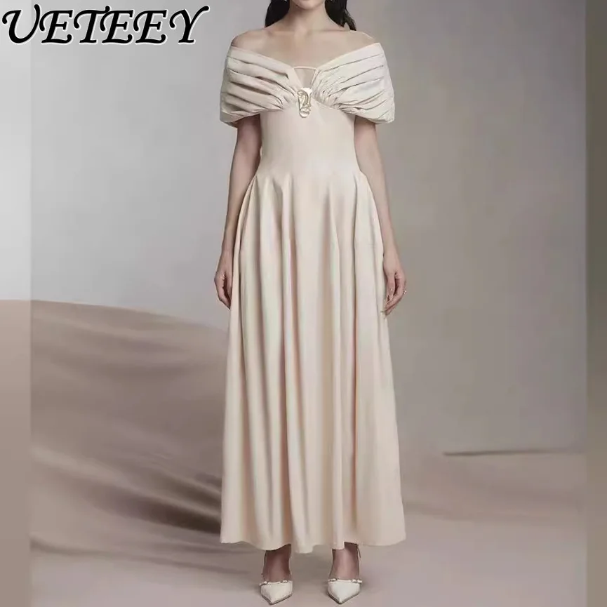 

Elegant Goddess V-neck Backless Pleated Short Sleeve Maxi Dress for Women Summer Waist Slimming Young Party Long Dresses