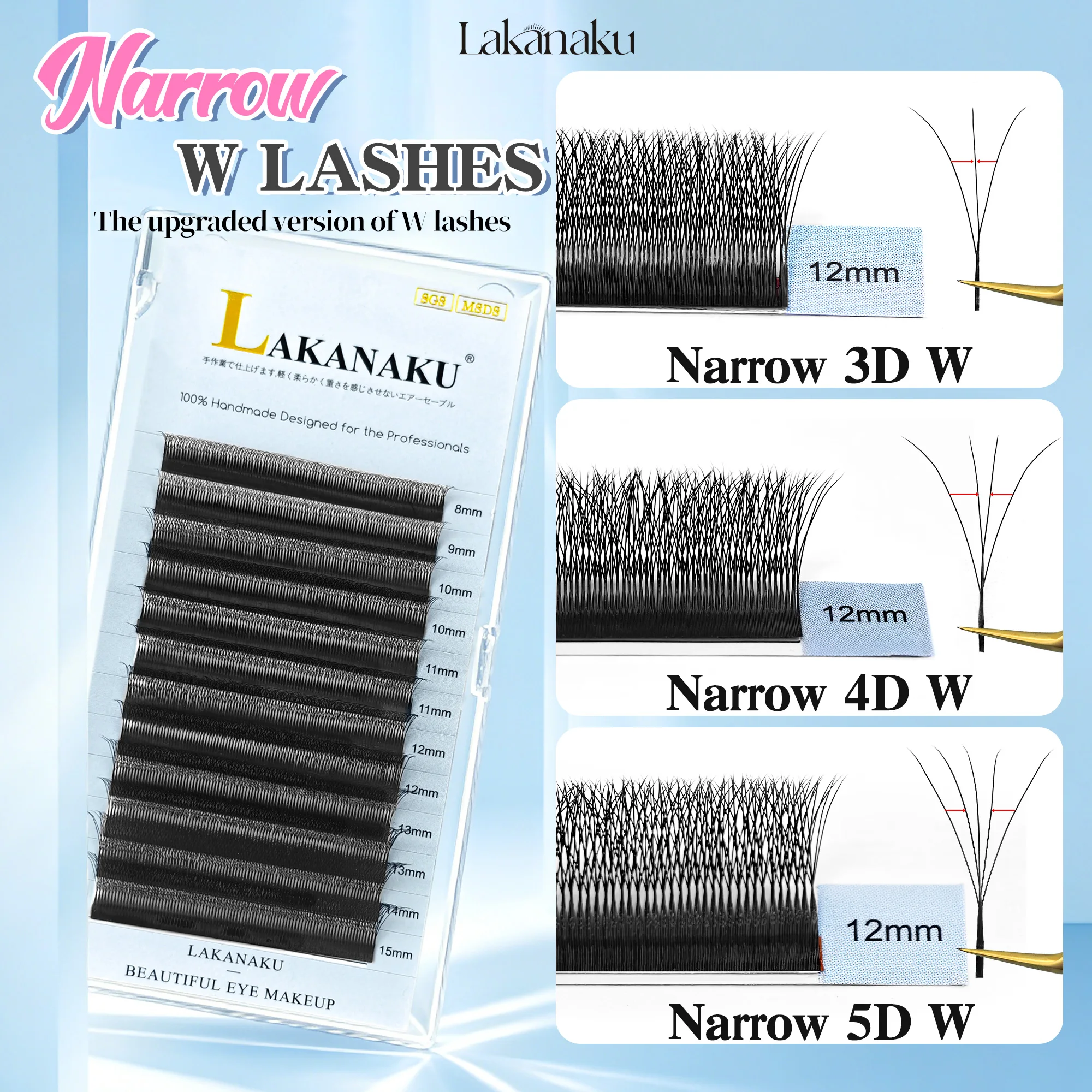 LAKANAKU Schmale 3D W 4D W 5D W Form Wimpernverlängerung V-förmige Volumen-Speedy-Fächer Schmale Weiche Wimpern Vorgefertigte Fächer