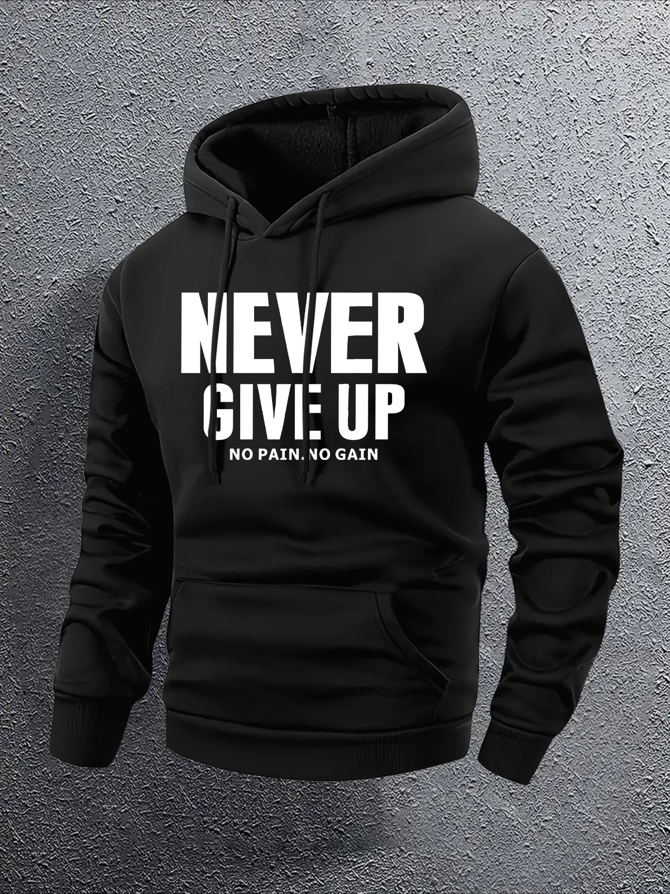 

Мужская толстовка с капюшоном «NEVER GIVE UP» — серый Хизер, манжеты в рубчик, передний карман, осень-зима, можно стирать в машине