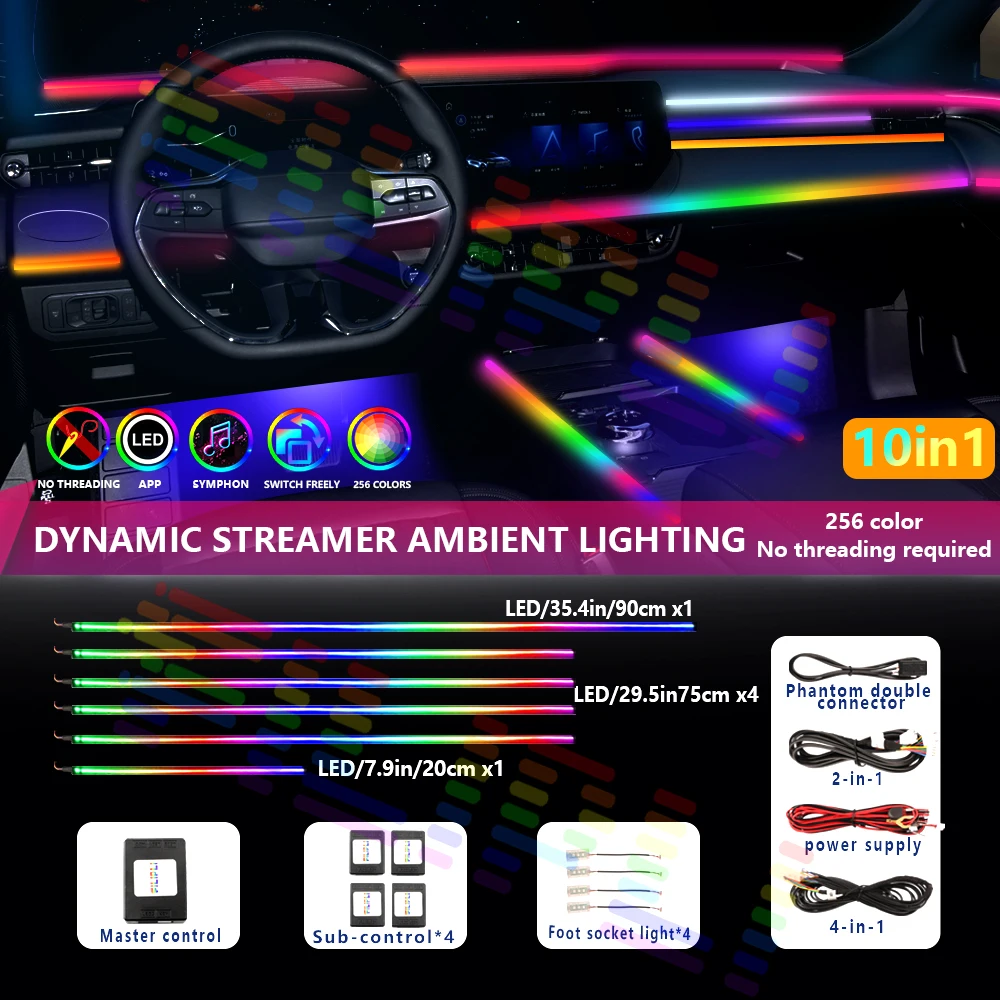 Car atmosphere light interior modification dynamic RGB64 color hidden ultra-thin acrylic atmosphere light Hidden thread free