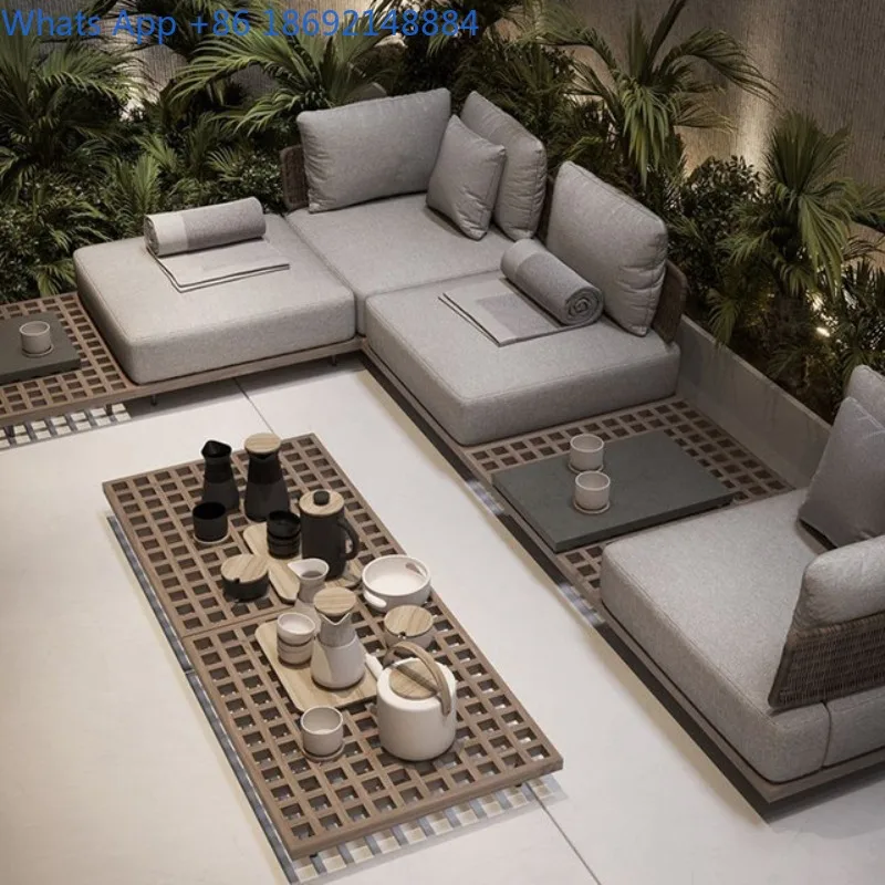 Outdoor Teak Sofa Set for Courtyard, Villa, Hotel, Resort, Rattan Woven Waterproof and Sunproof Solid Wood Sofa
