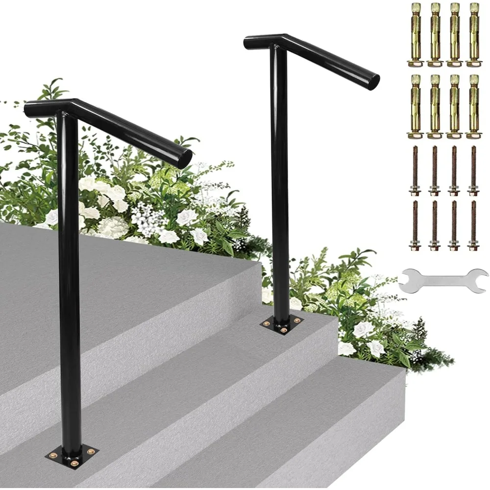 

Handrails for Outdoor Steps-Single Post Wrought Iron Handrail for 1, 2 Step, Outdoor Stair Rail Handrails with DIY Tool Kit