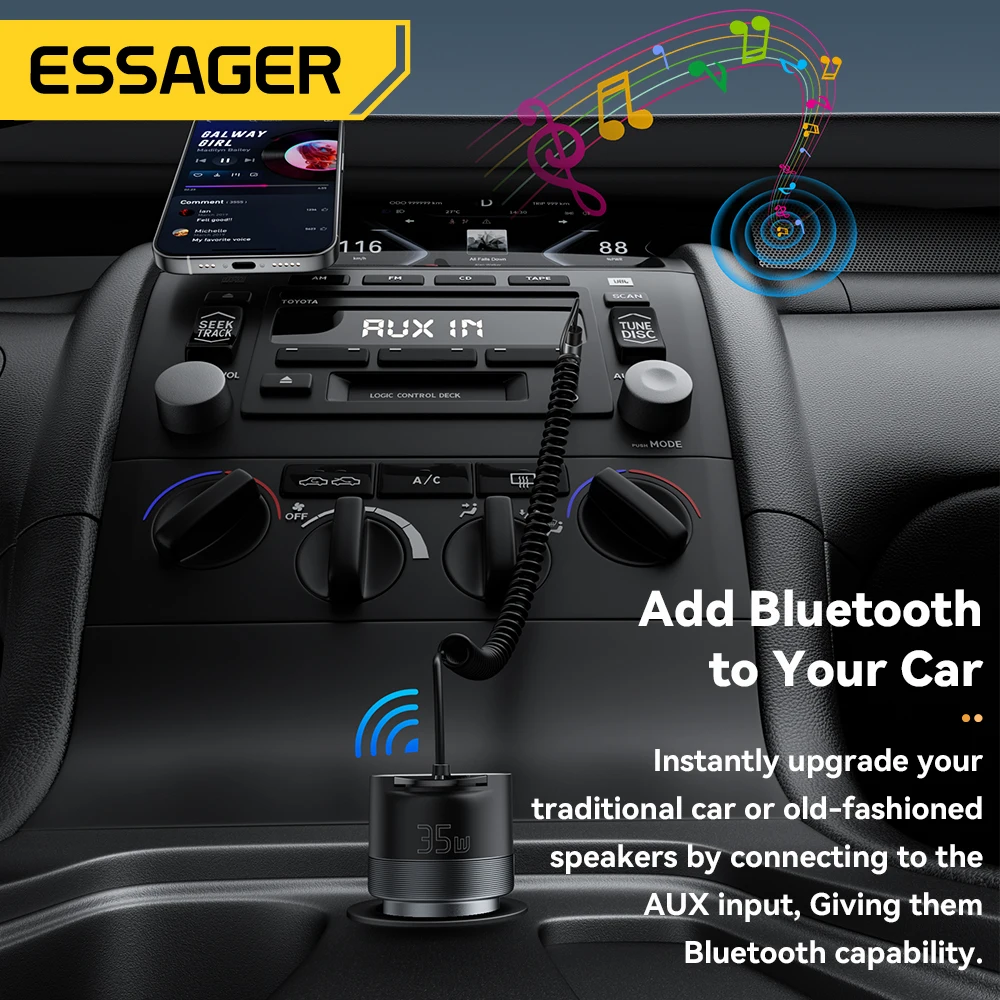 Ładowarka samochodowa Essager Bluetooth 5.3 z kablem AUX 3.5mm, szybkie ładowanie 35W do iPhone 16 15 Huawei Samsung, ładowarki samochodowe Bluetooth — zdjęcie produktu 3