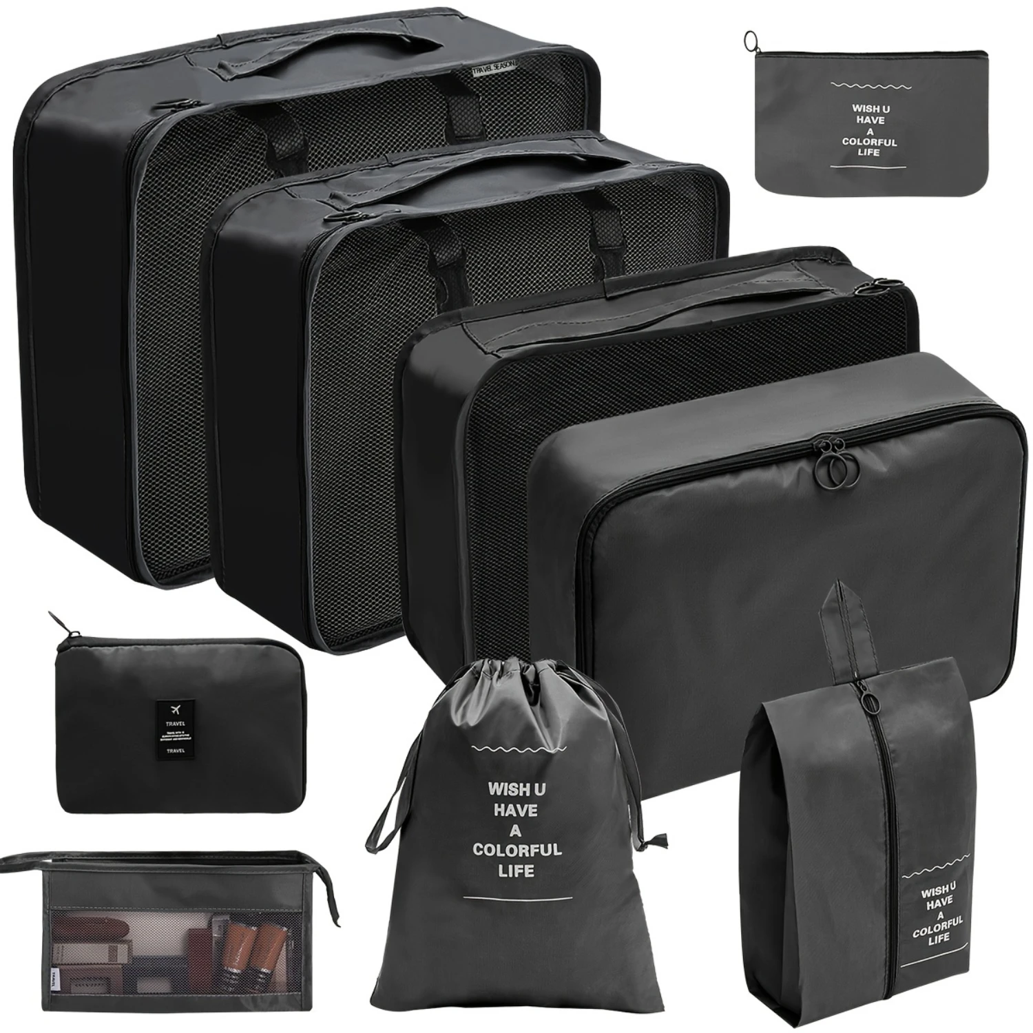 

Travel Organizer Set, Polyester Packing Cubes, Toiletry Bag, Shoe & Digital Pouches, Compression Luggage Bags