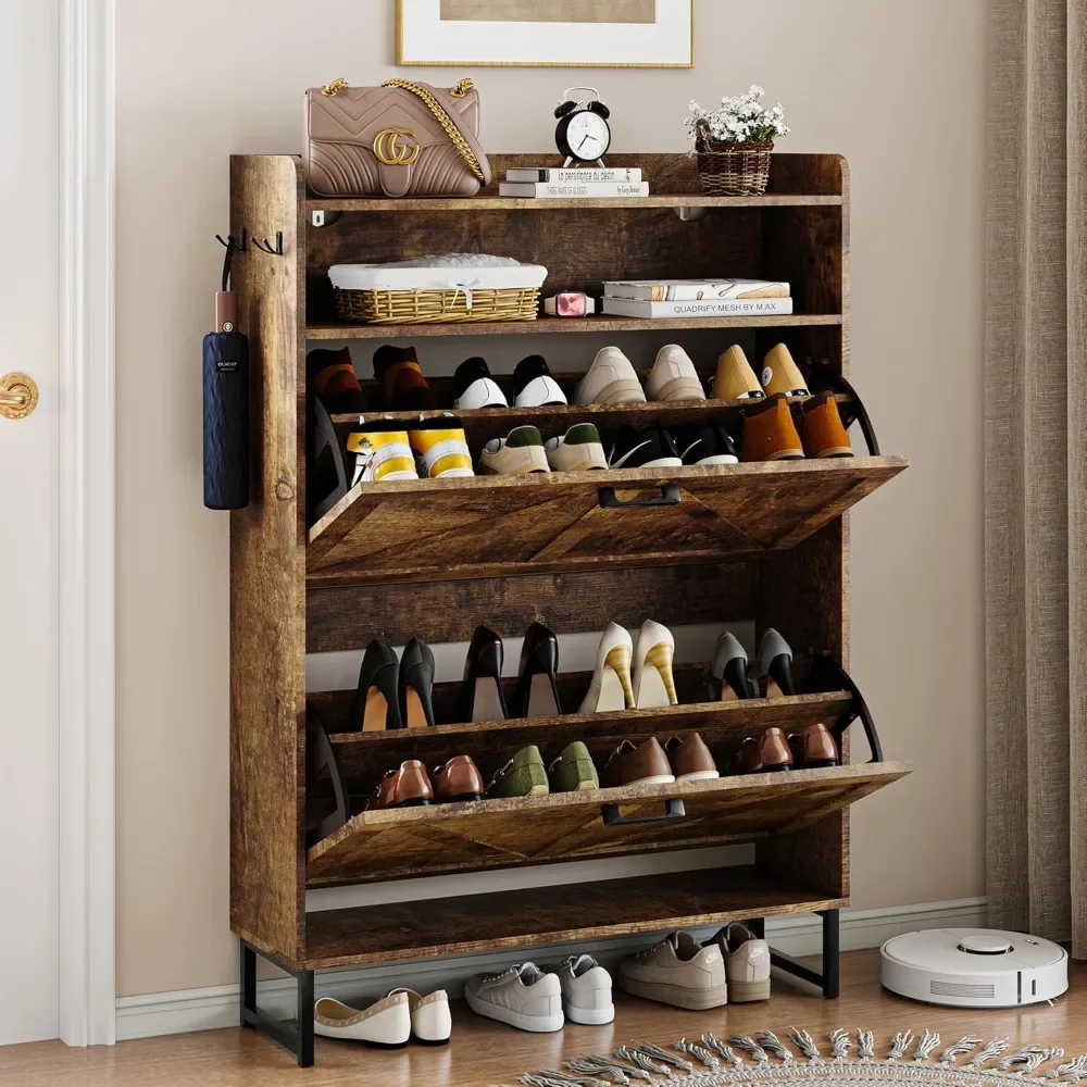 

Shoe Cabinet with 2 Flap Drawers, Wooden Shoe Cabinet with Metal Legs and Hooks, Freestanding Shoe Cabinet