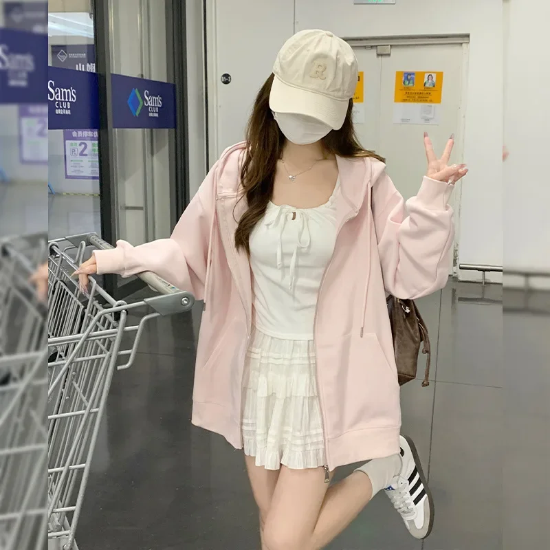 

CASUMANL Brand Pink Hooded Jackets for Females Spring Autumn New Baggy Cuteore Sweet Jackets Minimalist Motion Daily Clothing