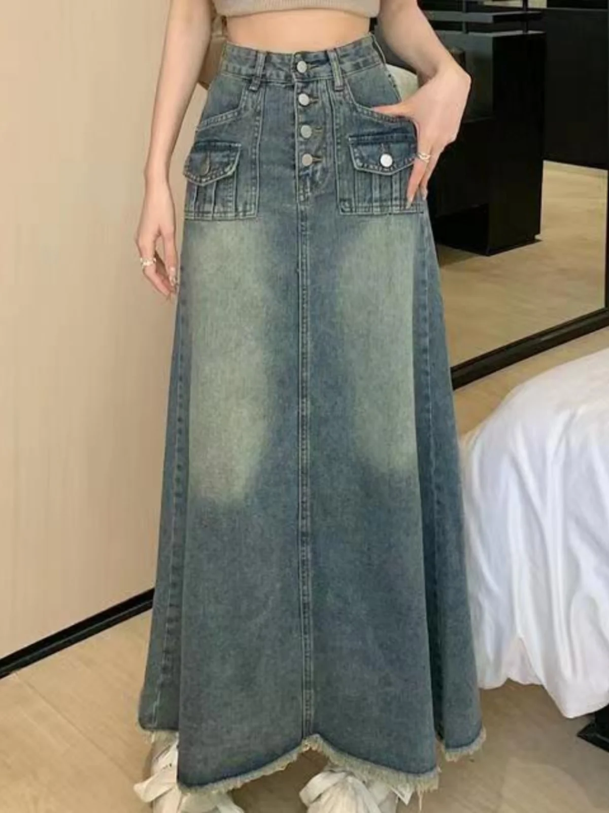 Retro American Denim  Skirt Women's Spring Summer High Waist A-Line Long Skirt Frayed Hemline Korean Style Commute Pure C...