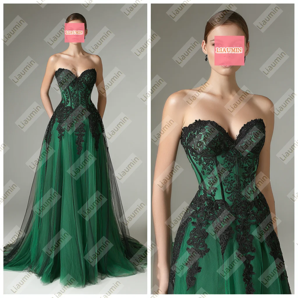 

New Green and Balck Tulle Lace Applique Strapless Lace-up Back Evening Wedding Formal Occasion Prom Dress Customized W20.1.56