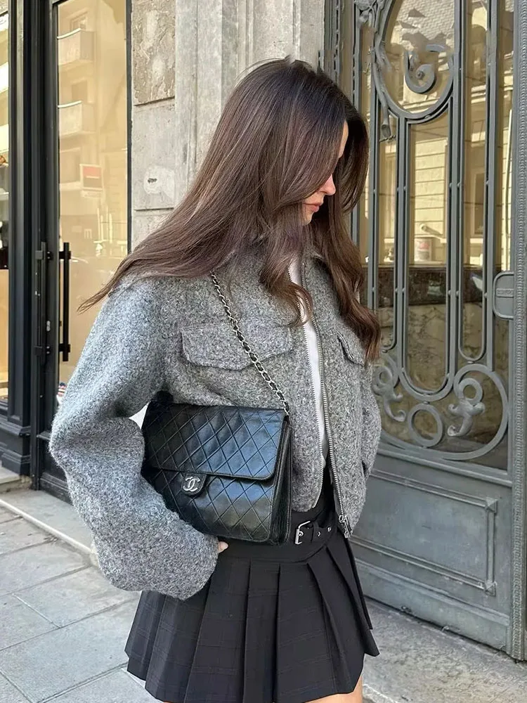 HH automne gris femmes Bouclé veste courte manteau à manches longues poche fermeture éclair col Polo veste femmes haut court manteau Y2k