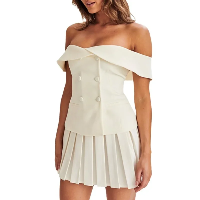 Amerikaanse Mode 2024 Dames Zomer Nieuwe Stijl Off Shoulder Double Breasted Top Geplooide Rok Tweedelige Set Dameskleding