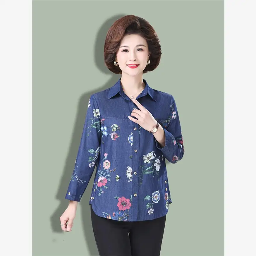 

Хлопковая джинсовая рубашка с длинными рукавами и цветочным принтом, тонкий кардиган, модная весенне-осенняя рубашка для женщин среднего возраста