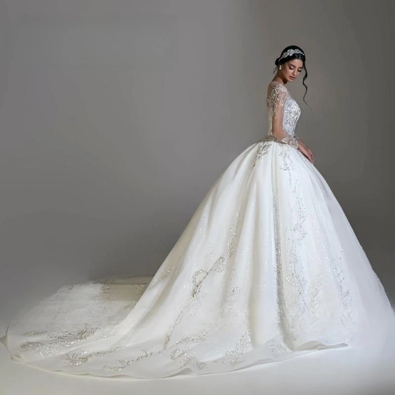 Baljurk Trouwjurk 2023 Luxe Prinses Kralen V-Halslijn Met Lange Mouwen Appliques Bruidsjurken Robe De Mariee