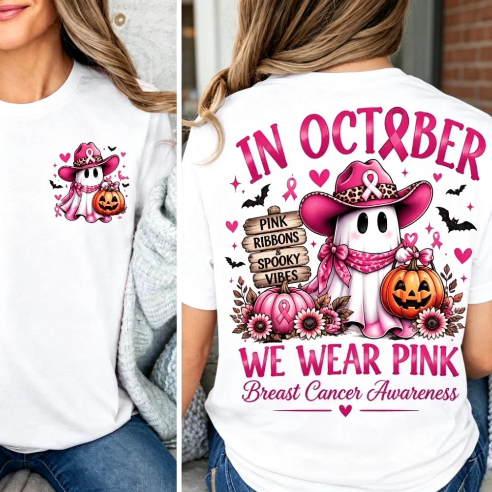 In October, we wore pink T-shirts, ghost-themed Halloween pink ribbons, and pumpkin-themed Halloween gifts.
