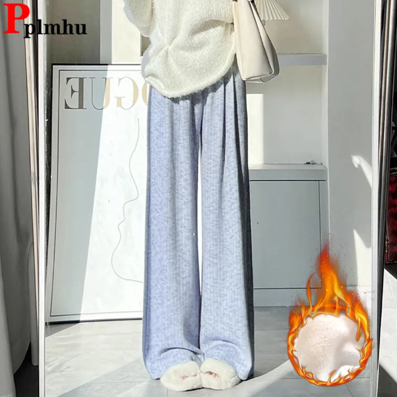 Blue Tie Dye Design Velvet Lined Wide Leg Pants High Waist Snow Wear Fashion Warm Casual Pantalones Winter Women Baggy Spodnie