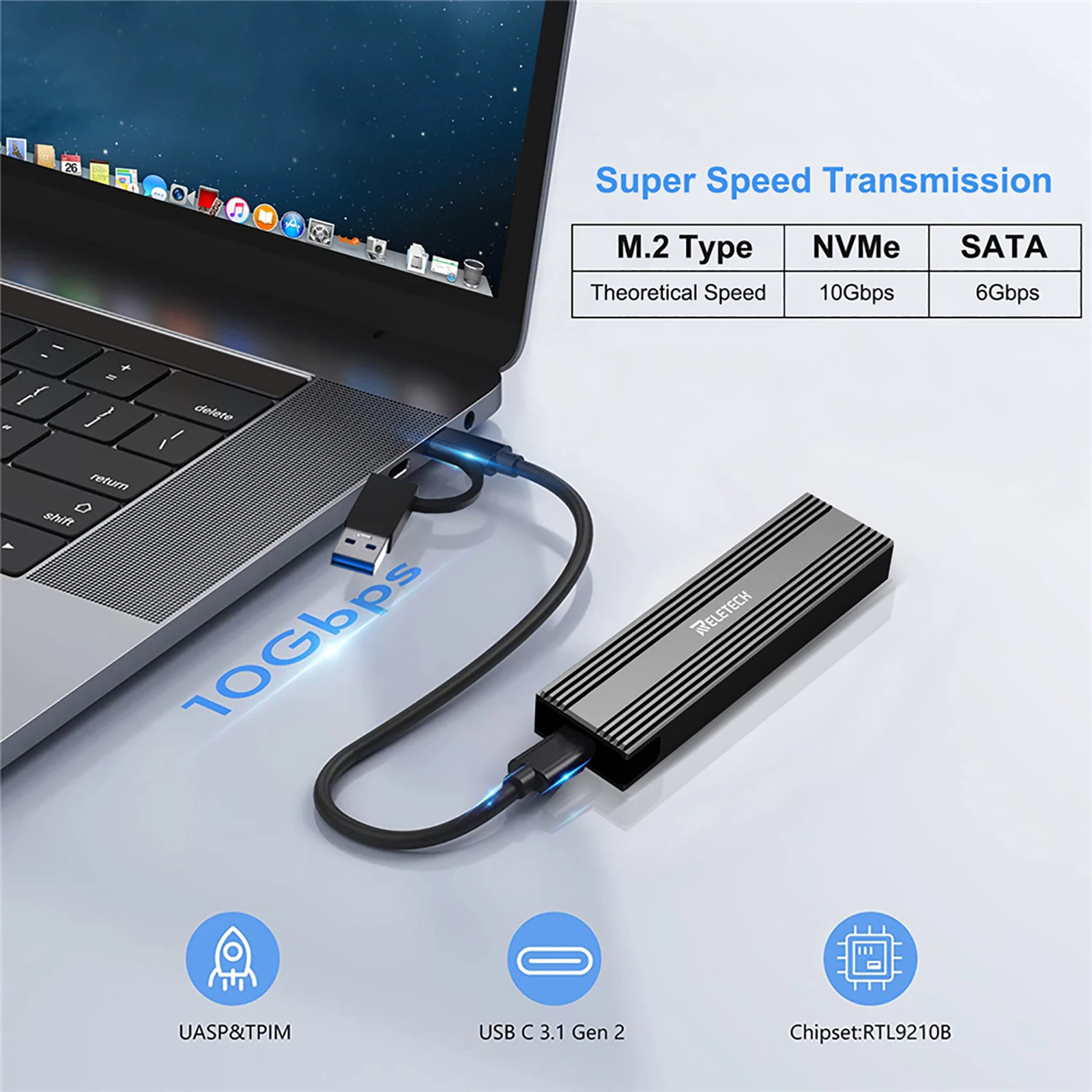 Reletech M2 NVMe SSD Enclosure 10Gbps PCIe SSD Case Portable Box USB C 3.2 Tool Free External Adapter z radiatorem dla M.2 SSD