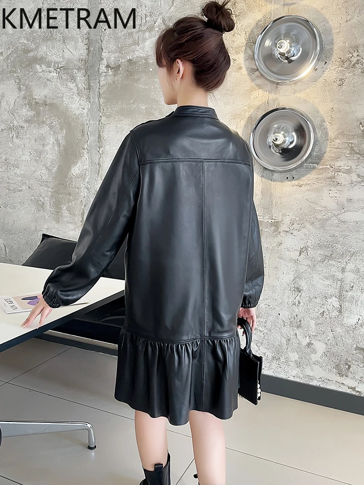 100 % Oberschicht Schaffell Kleid Frau Luxus Langarm Echtleder Schwarze Kleider Neu in Oberbekleidung Herbstkleidung 2025 Frauen