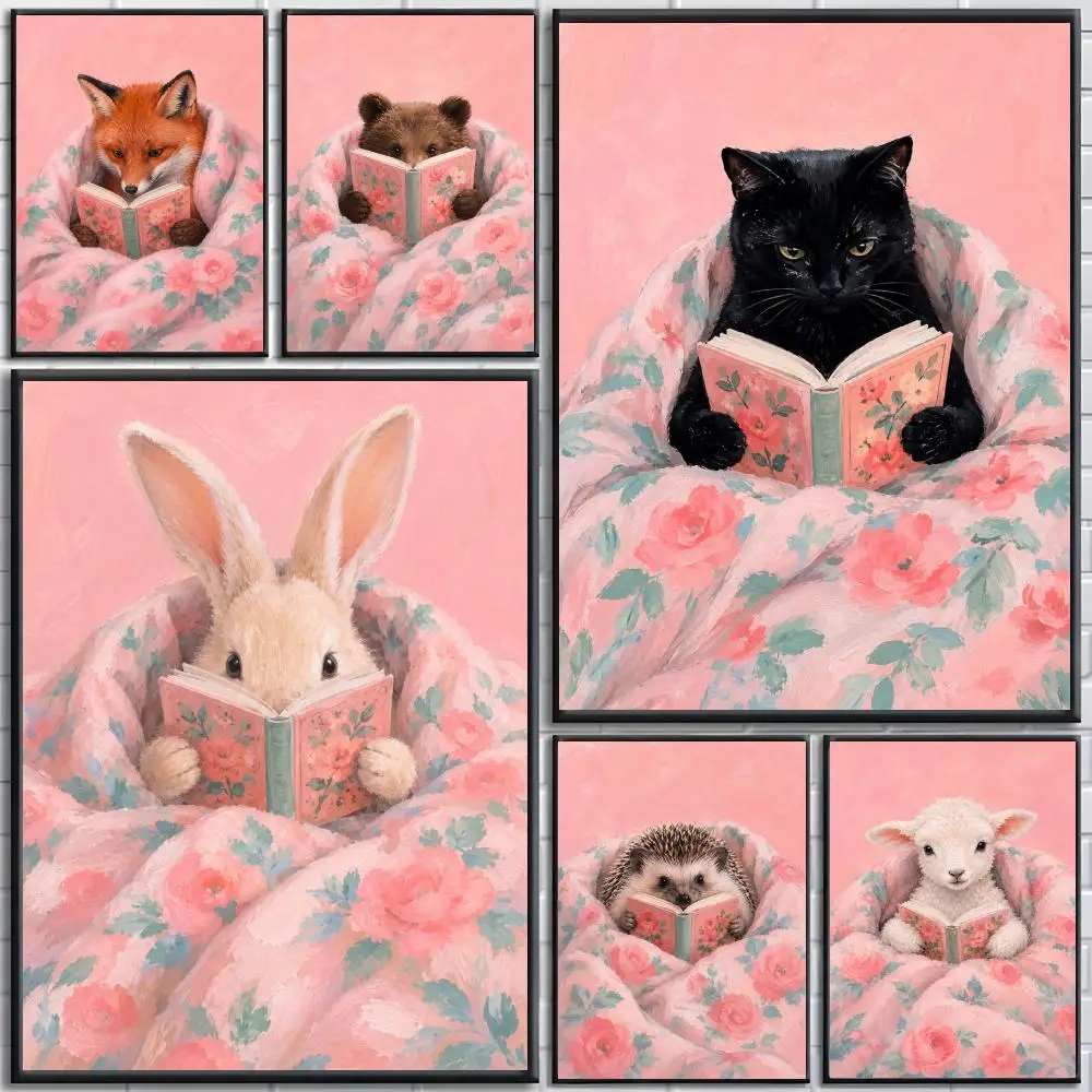 Funny animals reading Poster poster Self-adhesive wall stickers, suitable for room decoration, high-quality printing.