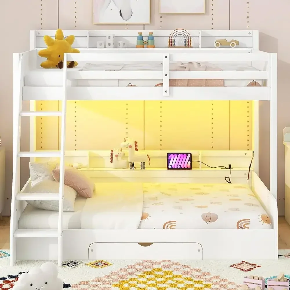 Twin Over Full Loft Bunk Bed with Storage, Desk, LED Lights, Charging Station, Wooden Ladder, Guardrail for Kids in White
