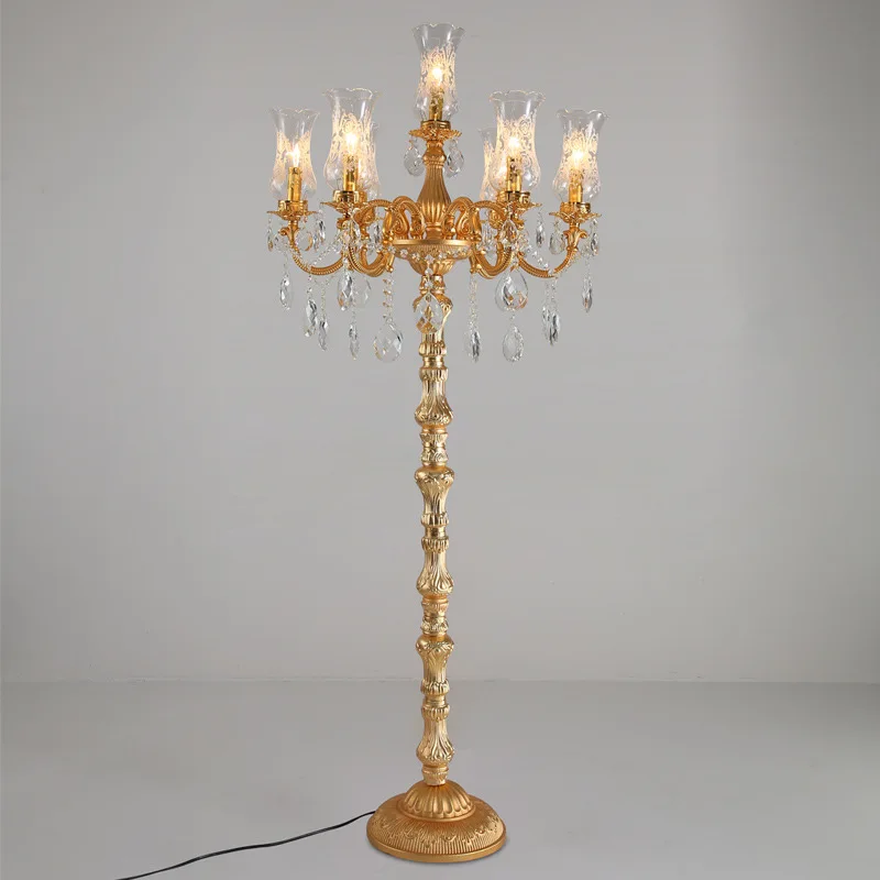 

7-Head Rococo Crystal Floor Lamp Gold LED Candle Light Classical Standing Lighting for Living Room Church Wedding Decor