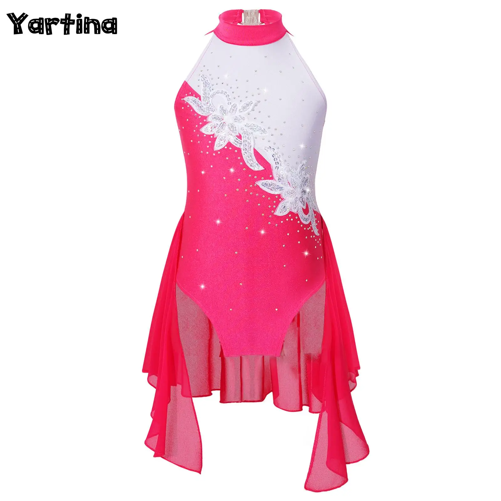 Kids Girls Shiny Rhinestone Gymnatics Figure Skating Ballet Lyrical Dance Dress Stand Collar Backless Sequins Floral Bodysuit