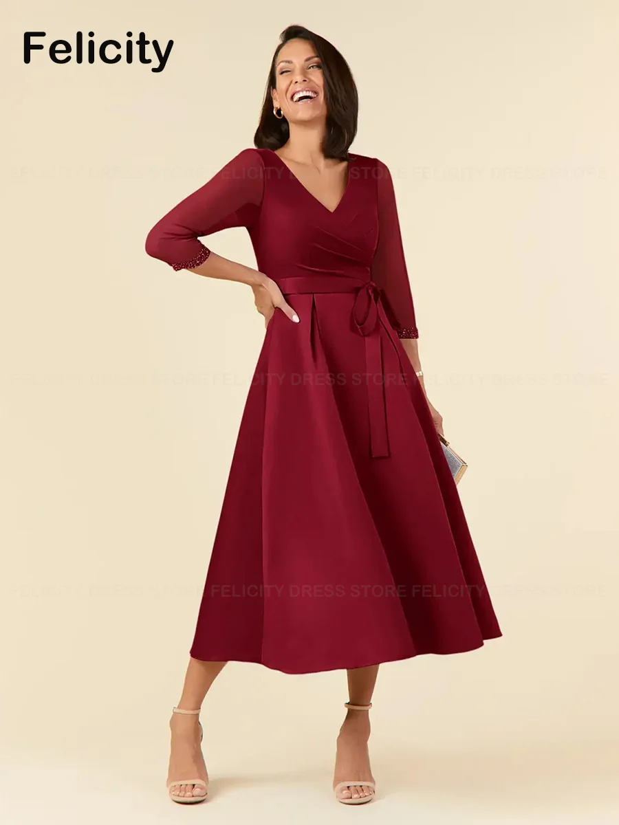 

Simple Mother of the Bride Dresses 2023 A-Line V-neck Pleated Tea-Length Bow Beadings Wedding Party Dress Robes Invitée Mariage