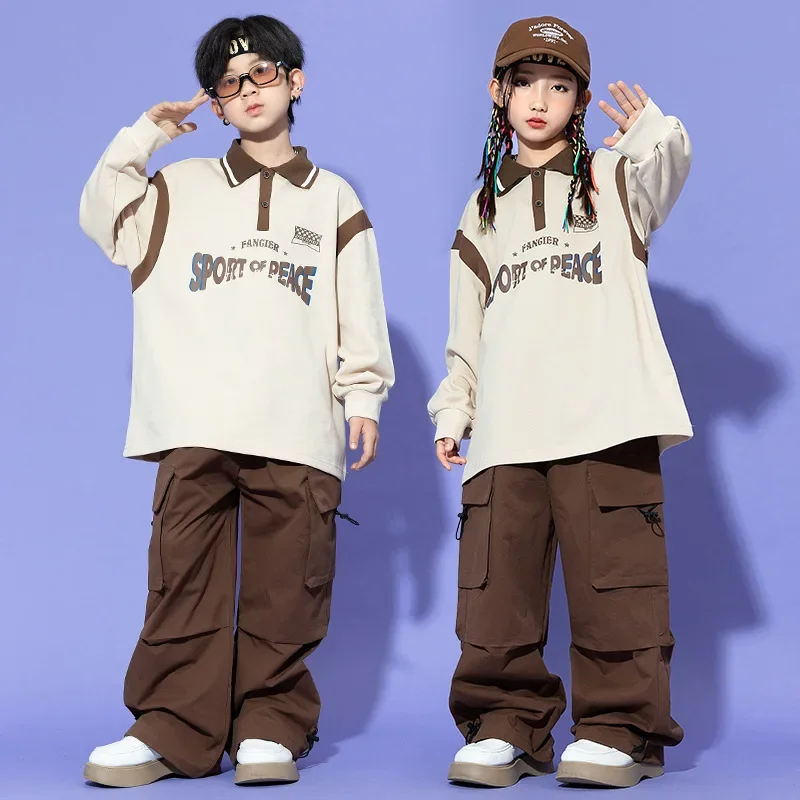 New Boys Hip Hop Long Sleeve T-shirt Girls Loose Cargo Pants Clothes Sets Kids Showing Cool Street Dance Children Jazz Costumes