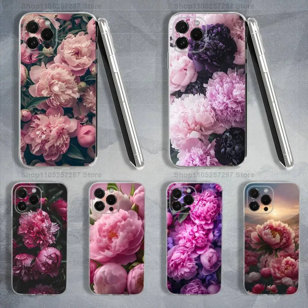 حافظة هاتف أنيقة باللون الوردي والأرجواني الفاوانيا لهاتف آيفون ماكس، بلس، 11، 14، 13، XR، SE، 12، 15، Pro، 17، 16، X، XS، غطاء ناعم شفاف صغير