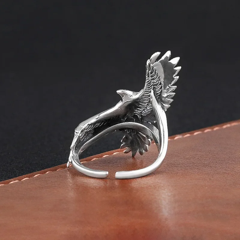 2025 New S925 Sterling Silver Trendy Punk Personality Eagle Wings Opening Ring Couple Gift