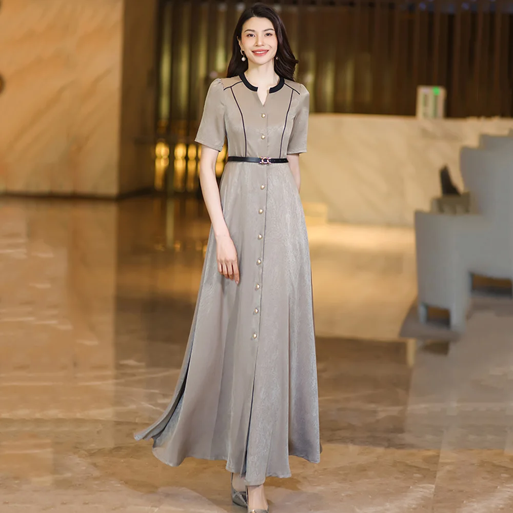 

New Women Summer Long Dress Fashion Small V-Neck Short Sleeve High Waist Dress Elegant Simplicity Solid Color Slim Waist Dress