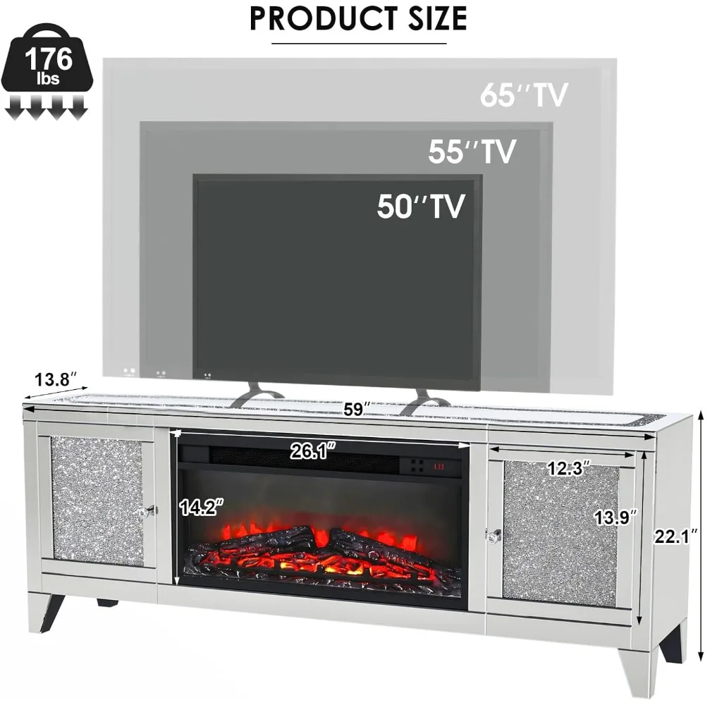 Fireplace TV Stand, Mirrored Silver TV Stand for 65 Inch TVs, Tall TV Stands Entertainment Center with Storage,