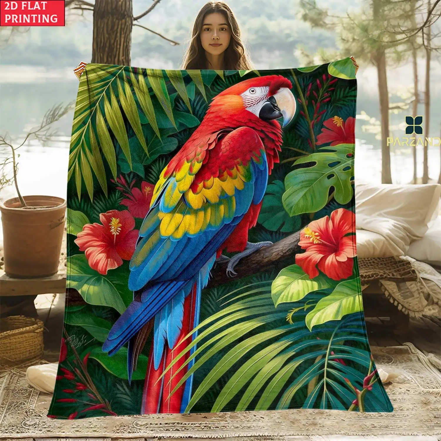 Vibrant Tropical Macaw Parrot Jungle Print Throw Blanket Home Decor Couch Sofa Bedside Ornament Nature Art Gift
