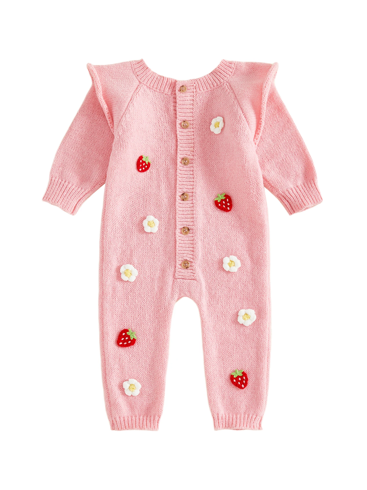 بدلة قفز محبوكة بأكمام طويلة ورقبة دائرية وأزرار سفلية مع ديكور زهرة الفراولة الكروشيه