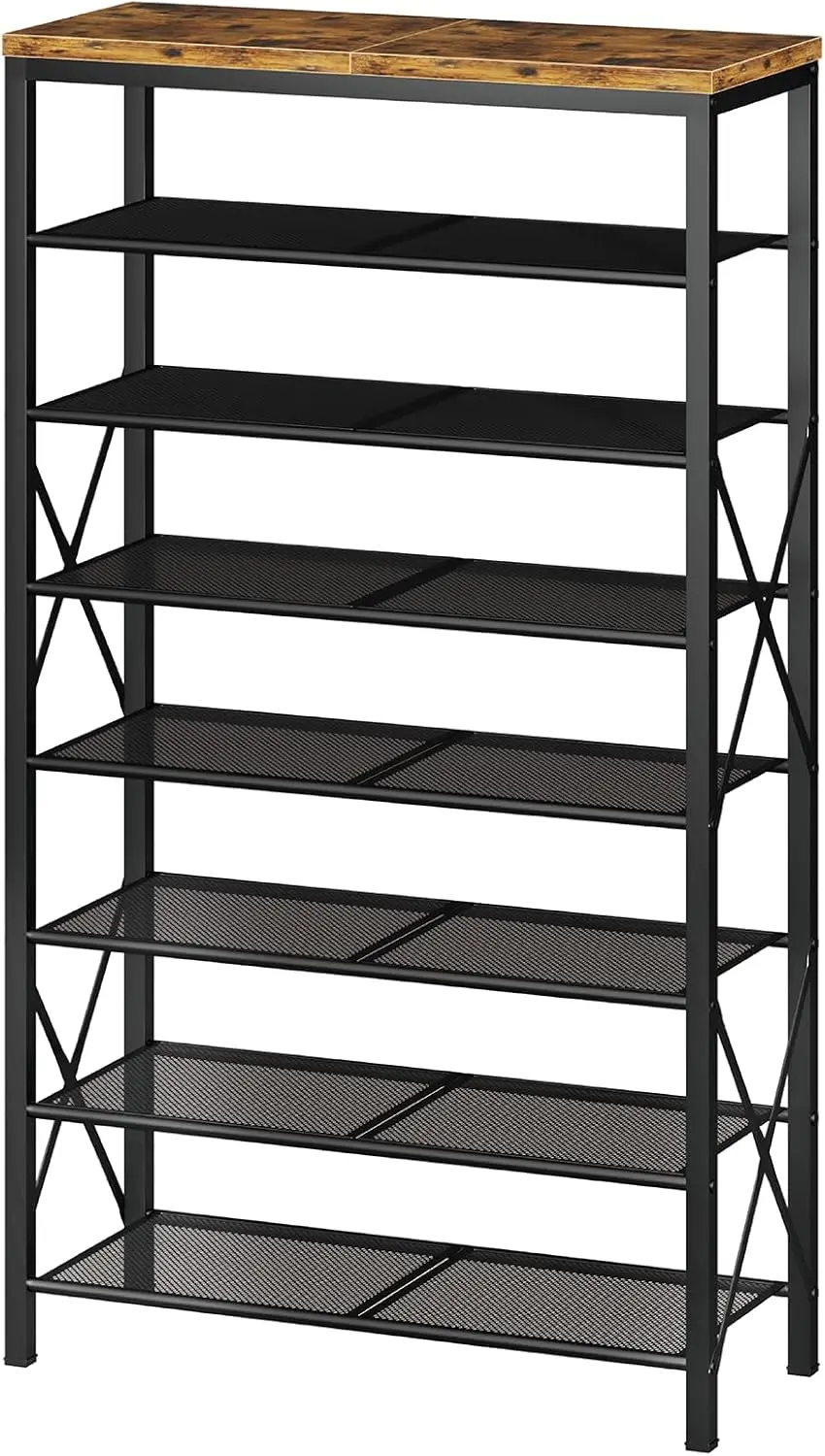 Organizador de zapatos metálico de gran altura, con capacidad para treinta y dos pares, de color marrón rústico y con ocho niveles.